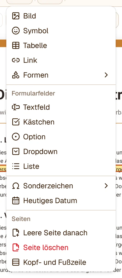 Das Menü Einfügen: Bild, Symbol, Tabelle, Link, Formen, die Formularfelder, Sonderzeichen, Heutiges Datum und die Gruppe Seiten - Leere Seite danach, Seite löschen, Kopf- und Fußzeile