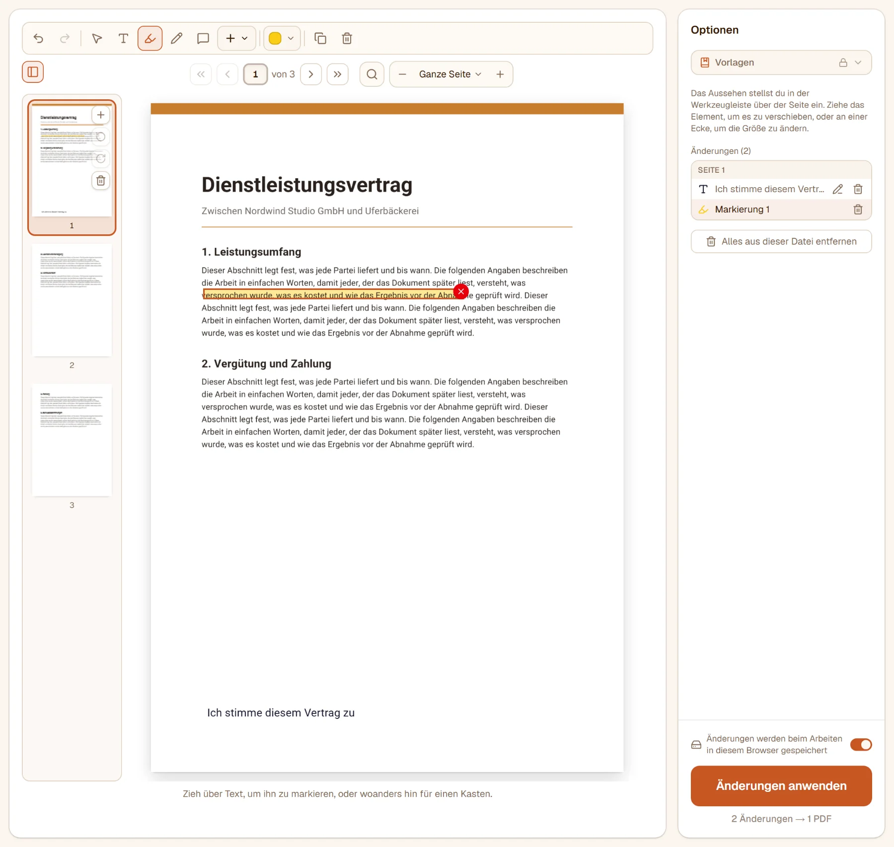 Eine Zeile des Vertrags gelb hervorgehoben und unten auf der Seite ein Textfeld mit Ich stimme diesem Vertrag zu; die Optionsleiste listet beide Änderungen auf