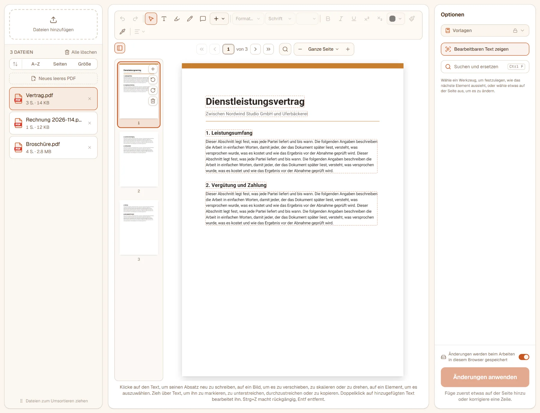 PDF bearbeiten mit drei Dateien in der Liste: der Vertrag im Editor geöffnet, die Werkzeugleiste über der Seite, die Seitenvorschauen daneben, gestrichelte Umrisse um den bearbeitbaren Text