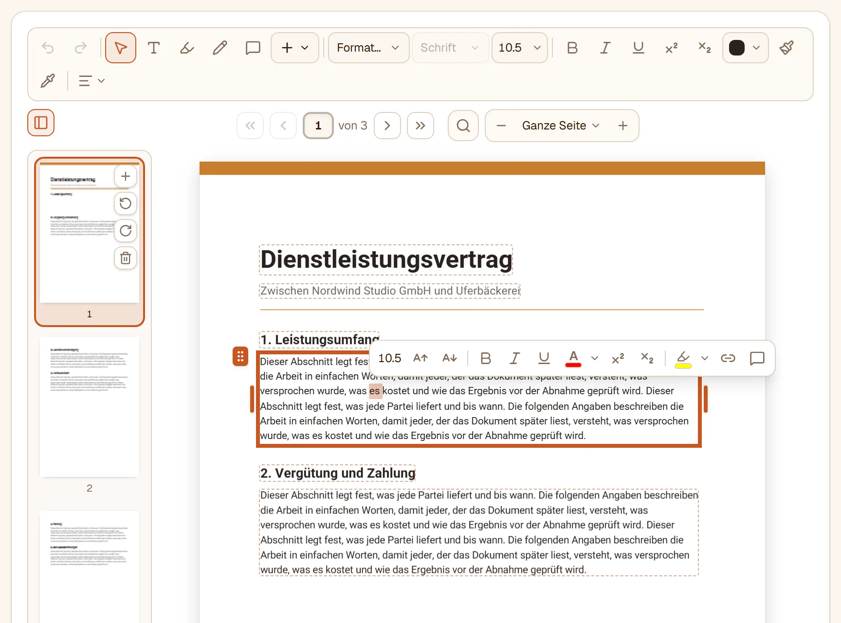 Ein Absatz des Vertrags zum Umschreiben geöffnet, ein Wort markiert, darüber die schwebende Leiste mit Größe, Fett, Kursiv, Unterstrichen, Farbe, Hochgestellt, Tiefgestellt, Textmarker, Link und Kommentar
