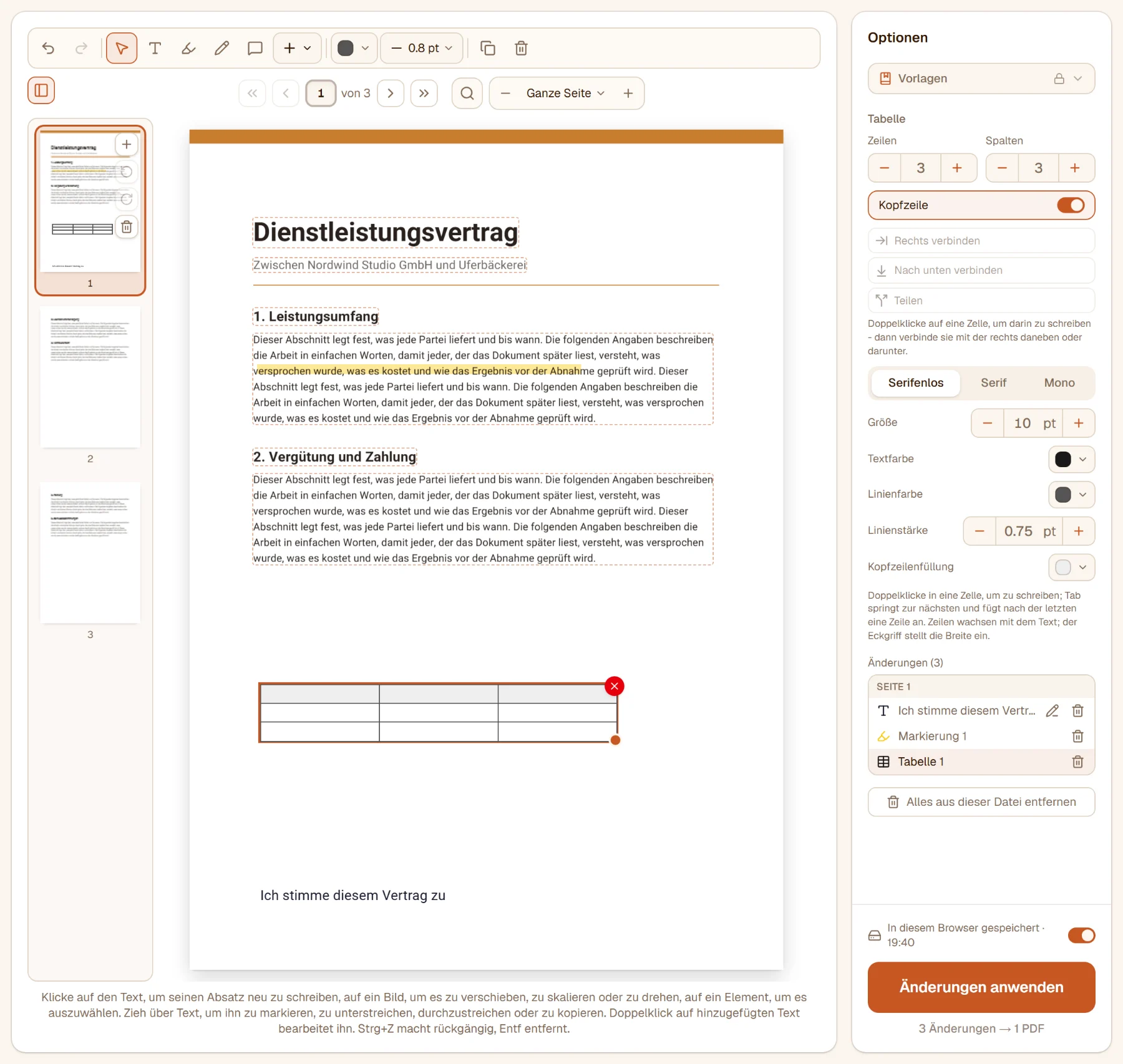 Eine Tabelle mit drei mal drei Zellen auf der Seite, ihre Einstellungen in der Optionsleiste: Zeilen, Spalten, Kopfzeile, Verbinden, Schrift, Größe, Farben und Linienstärke