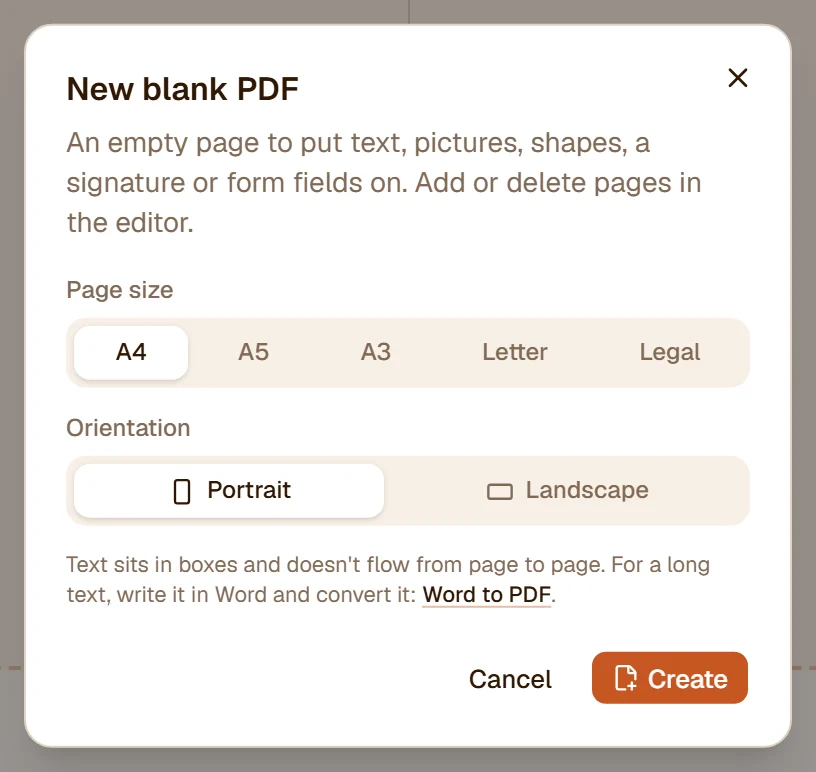 The New blank PDF dialog: page size A4, A5, A3, Letter or Legal, portrait or landscape