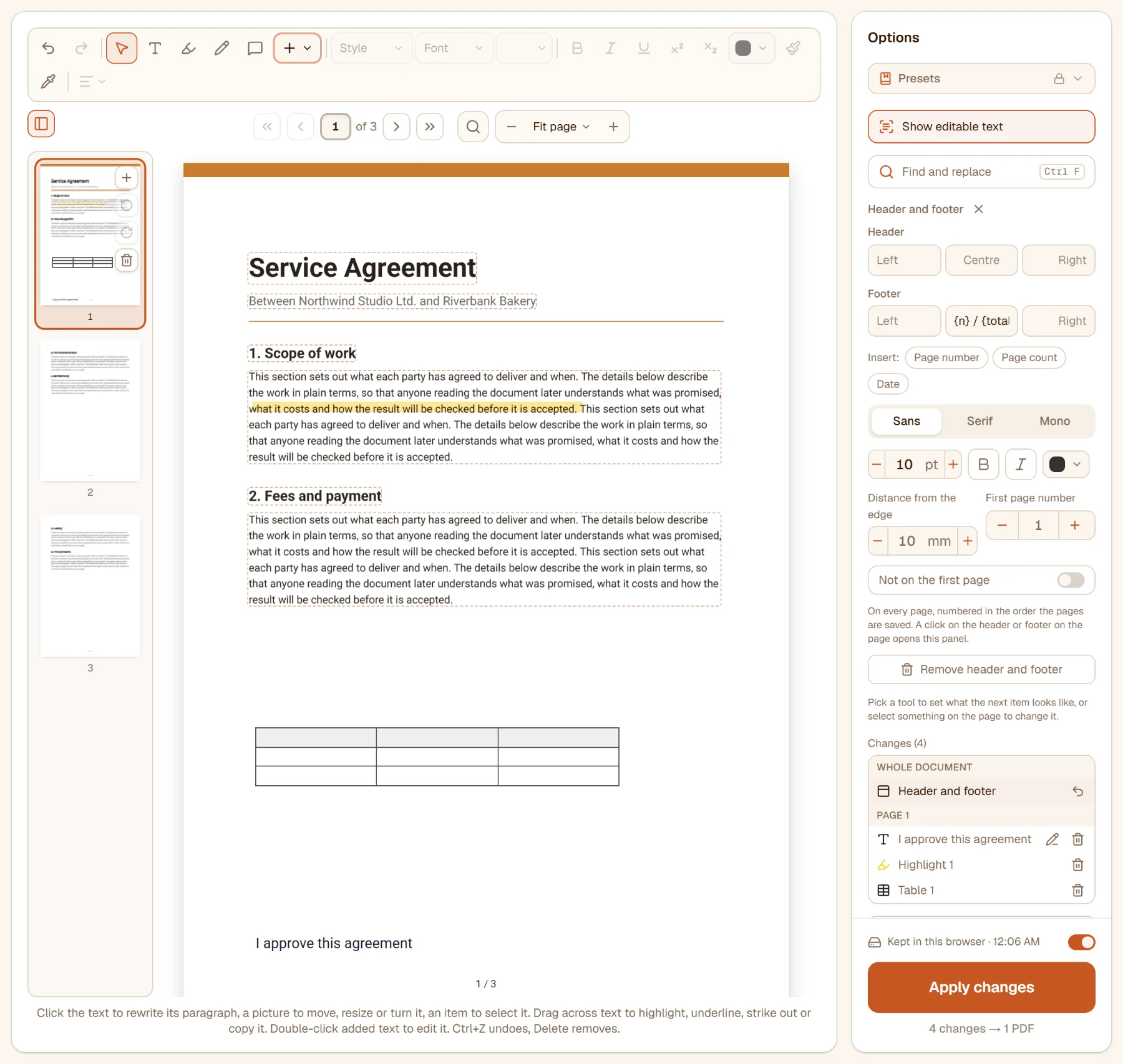 Header and footer open in the rail: the footer's centre reads {n} / {total}, the page shows 1 / 3 at its foot