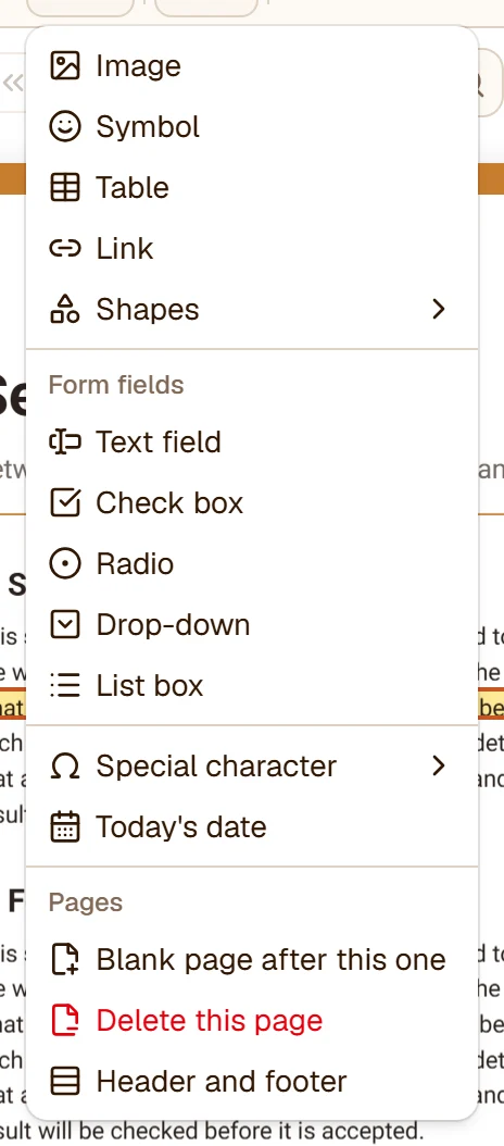 The Insert menu: Image, Symbol, Table, Link, Shapes, the form fields, Special character, Today's date, and the Pages group - Blank page after this one, Delete this page, Header and footer