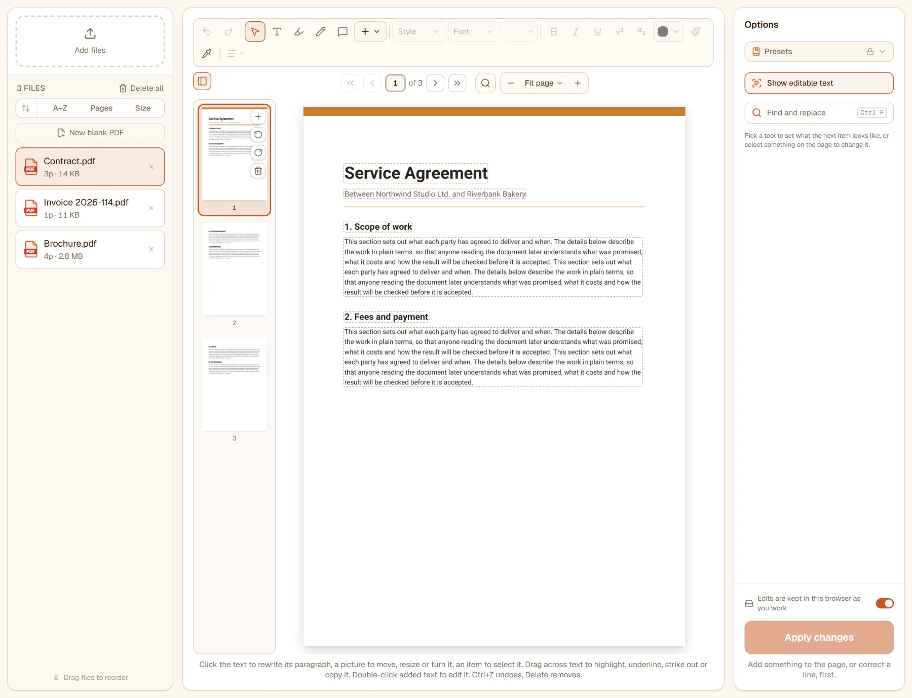 Edit PDF with three files in the list: the contract open in the editor, the toolbar over the page, the thumbnails beside it, the dashed outlines marking the editable text