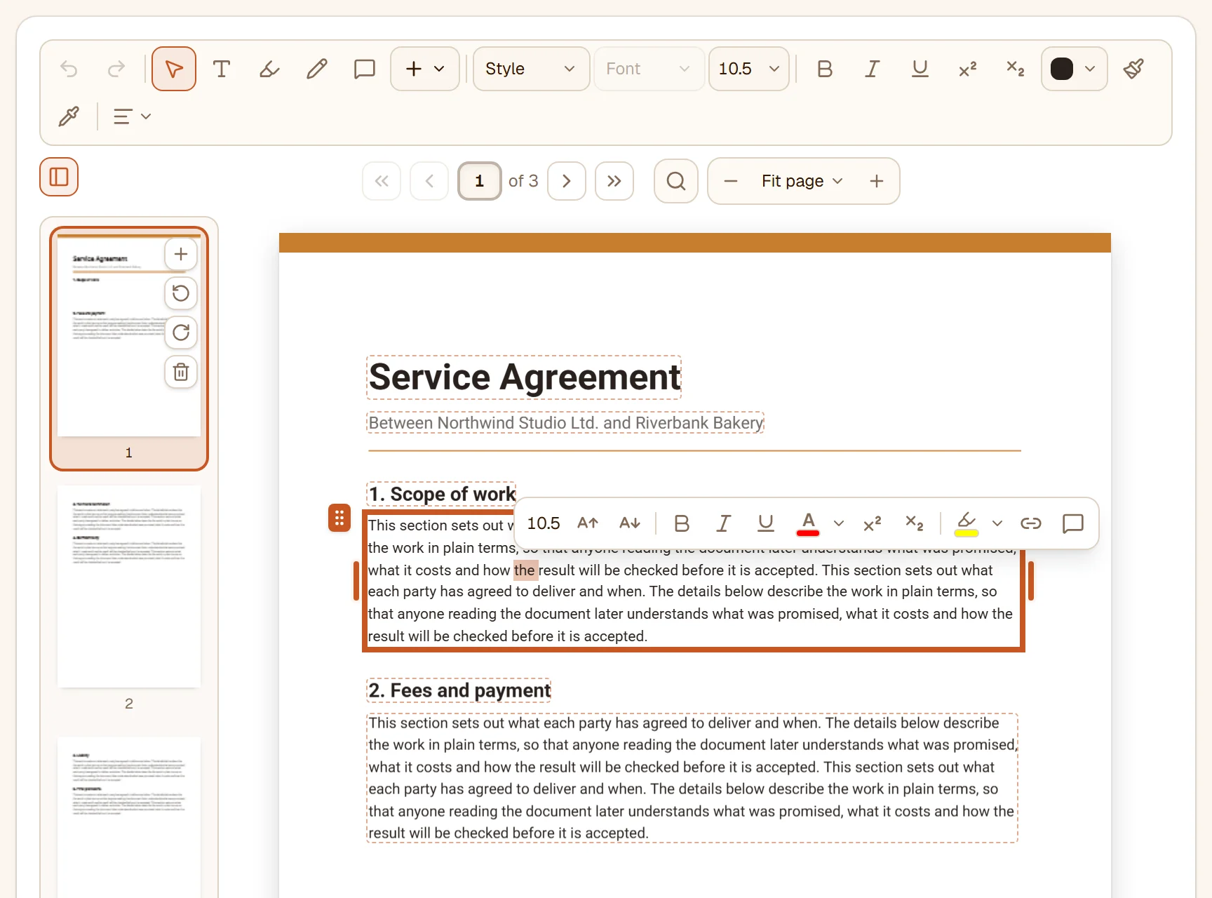 A paragraph of the contract open for rewriting, a word selected, the floating bar above it with size, bold, italic, underline, colour, superscript, subscript, highlighter, link and comment