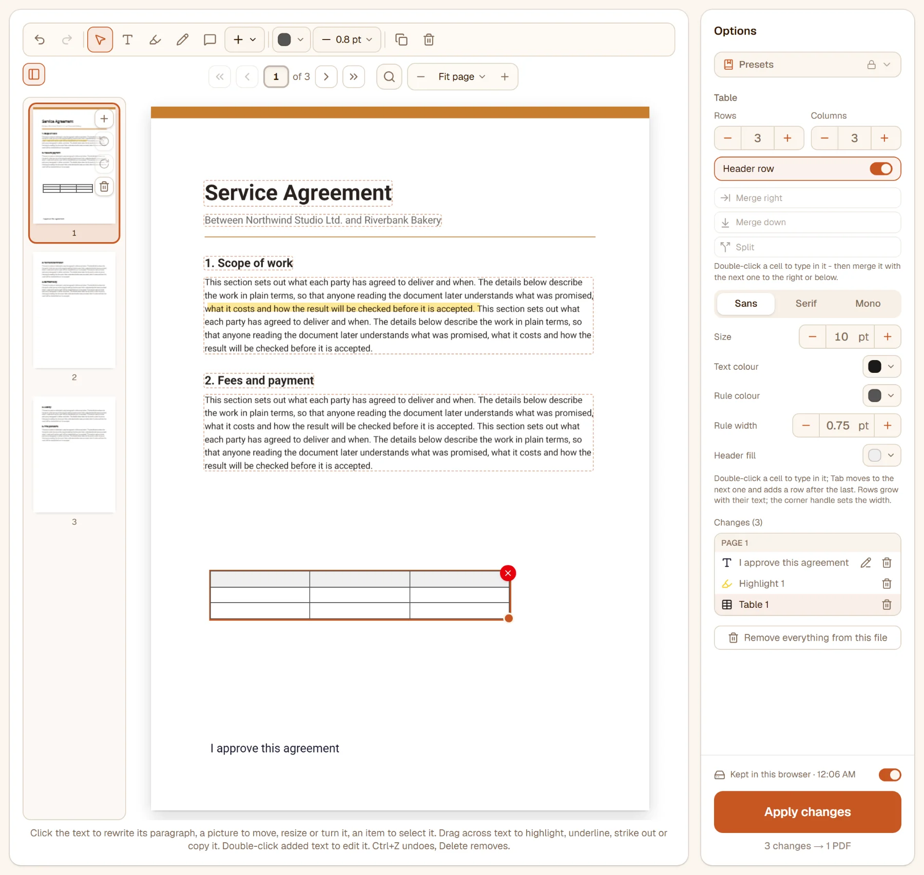 A three-by-three table placed on the page, its settings in the rail: rows, columns, header row, merge, font, size, colours and rule width