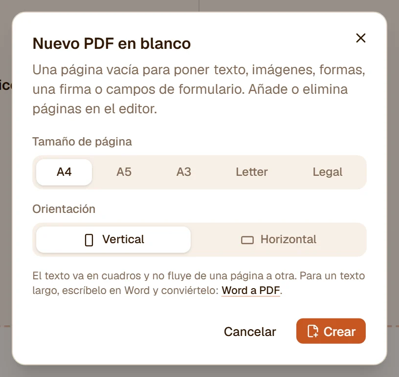 El cuadro de diálogo Nuevo PDF en blanco: tamaño de página A4, A5, A3, Letter o Legal, vertical u horizontal
