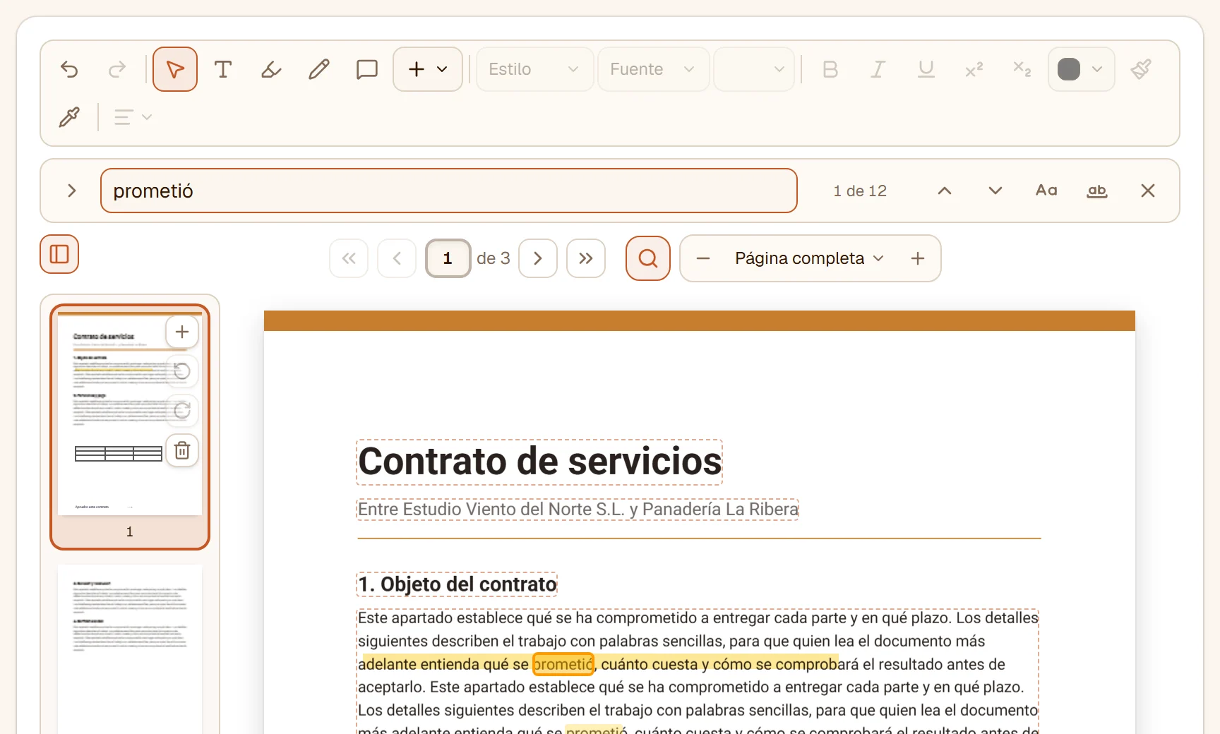 La barra de búsqueda con la palabra prometió: 1 de 12, con las coincidencias marcadas en la página