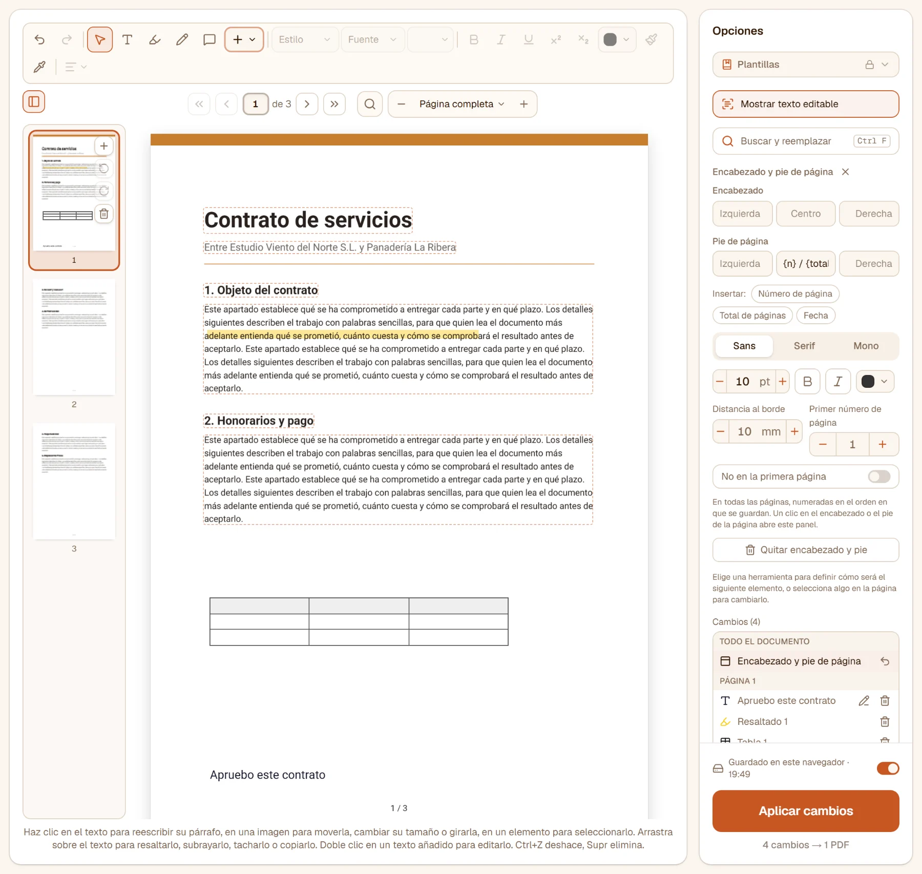 Encabezado y pie de página abierto en el panel: el centro del pie dice {n} / {total} y la página muestra 1 / 3 al pie
