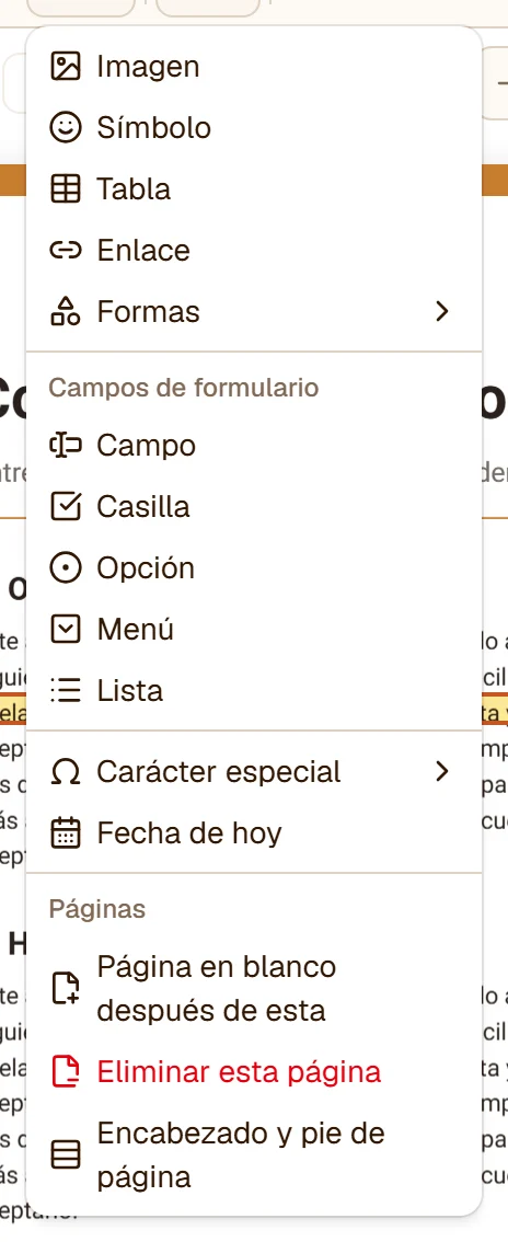 El menú Insertar: Imagen, Símbolo, Tabla, Enlace, Formas, los campos de formulario, Carácter especial, Fecha de hoy y el grupo Páginas - Página en blanco después de esta, Eliminar esta página, Encabezado y pie de página