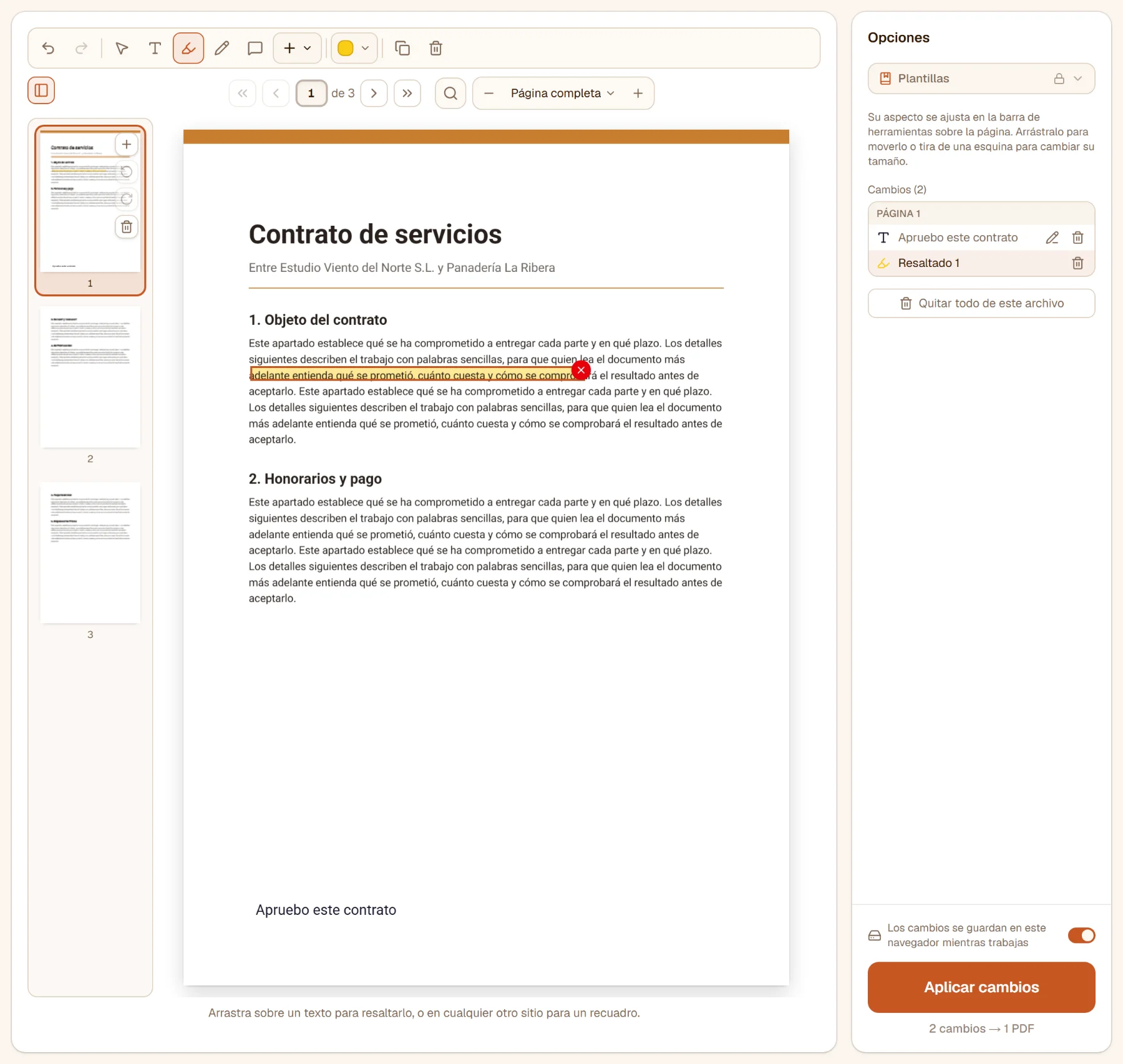 Una línea del contrato resaltada en amarillo y un cuadro de texto que dice Apruebo este contrato al pie de la página; el panel enumera los dos cambios