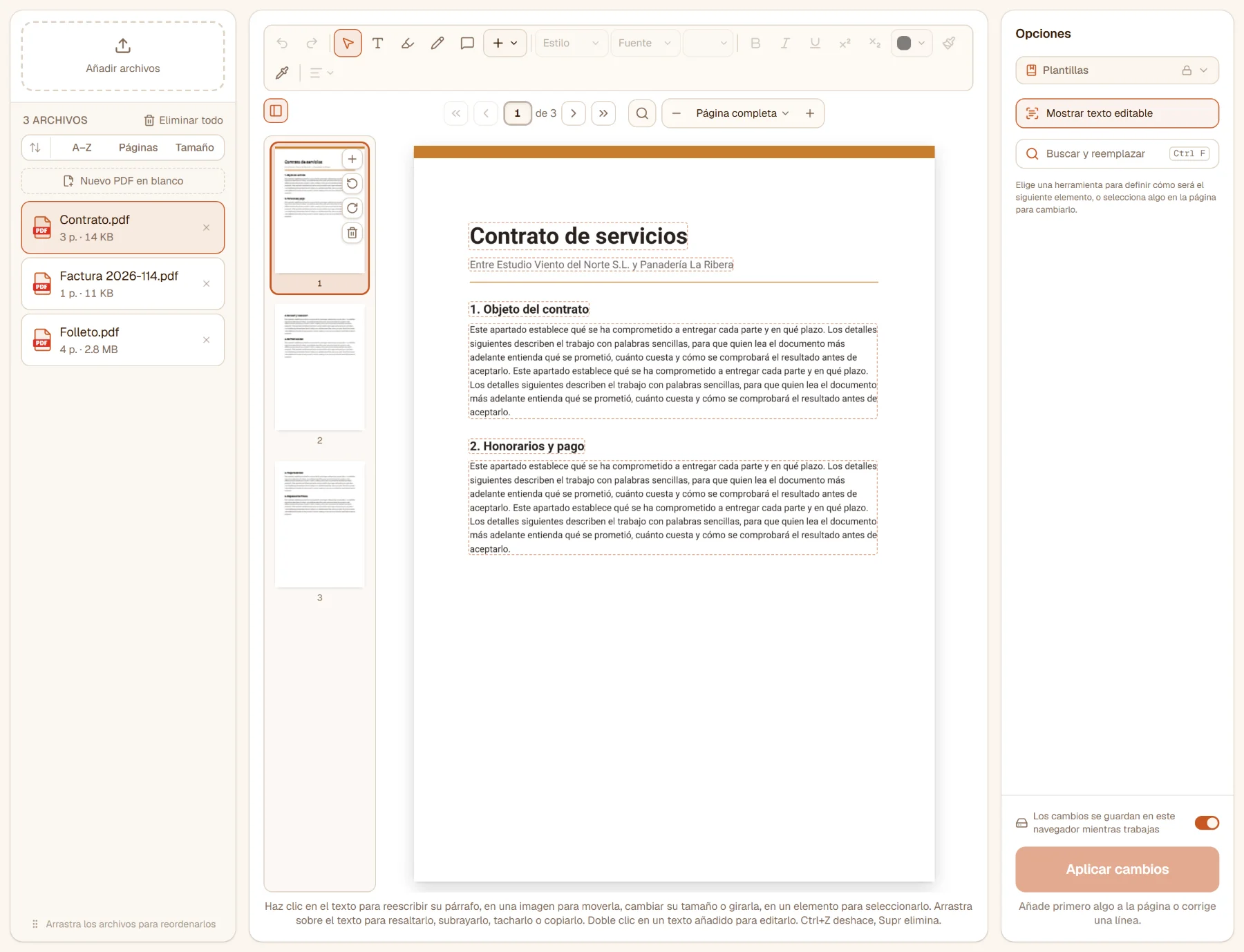 Editar PDF con tres archivos en la lista: el contrato abierto en el editor, la barra de herramientas sobre la página, las miniaturas al lado y los contornos discontinuos que marcan el texto editable