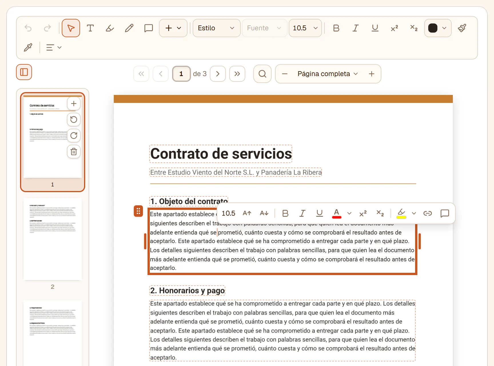 Un párrafo del contrato abierto para reescribirlo, una palabra seleccionada y la barra flotante encima con tamaño, negrita, cursiva, subrayado, color, superíndice, subíndice, resaltador, enlace y comentario