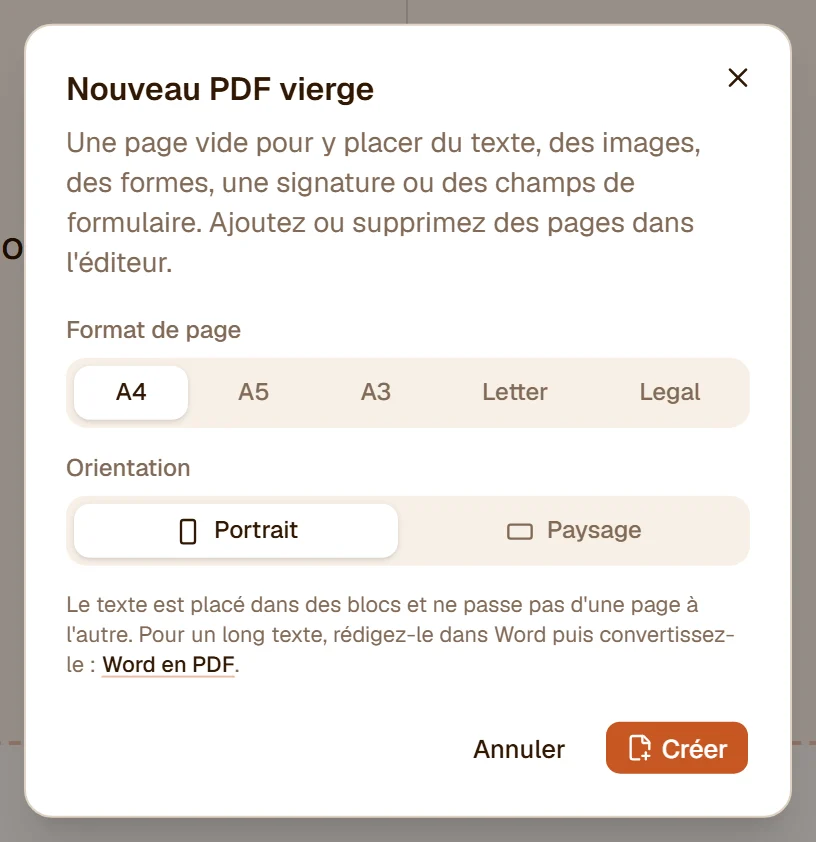 La boîte de dialogue Nouveau PDF vierge : format de page A4, A5, A3, Letter ou Legal, portrait ou paysage