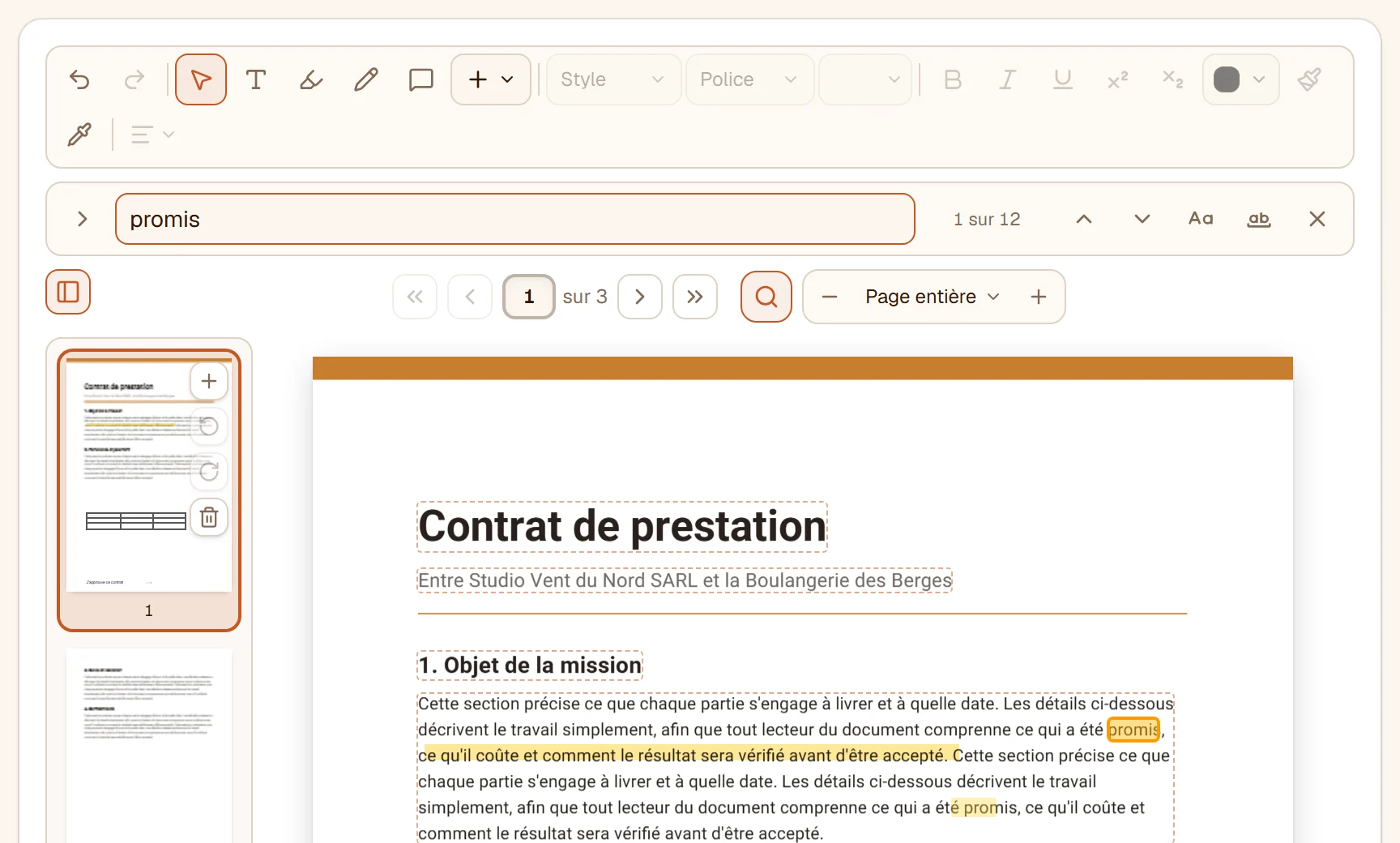 La barre de recherche avec le mot promis : 1 sur 12, les résultats marqués sur la page