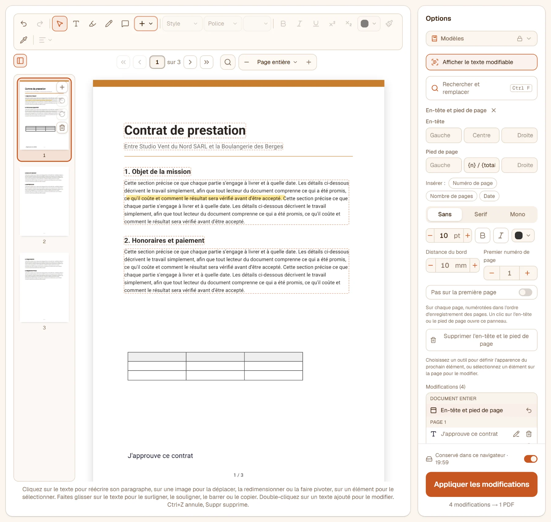 En-tête et pied de page ouvert dans le panneau : le centre du pied de page indique {n} / {total}, la page affiche 1 / 3 en bas