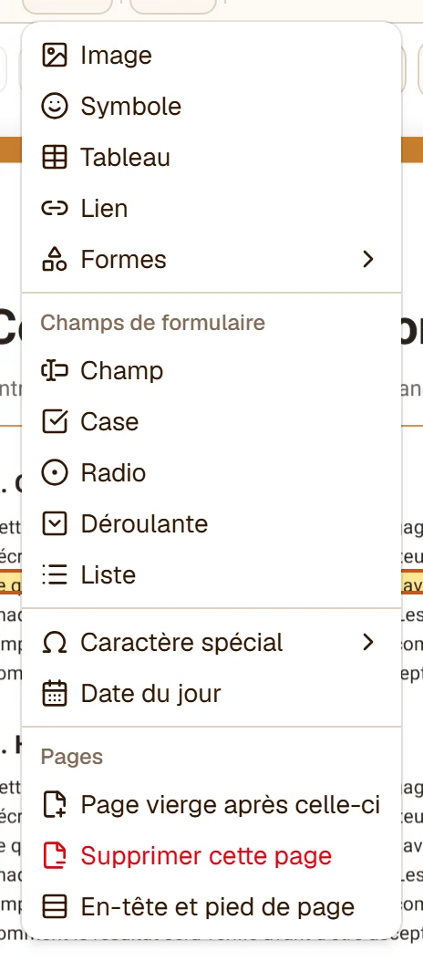 Le menu Insérer : Image, Symbole, Tableau, Lien, Formes, les champs de formulaire, Caractère spécial, Date du jour, et le groupe Pages - Page vierge après celle-ci, Supprimer cette page, En-tête et pied de page