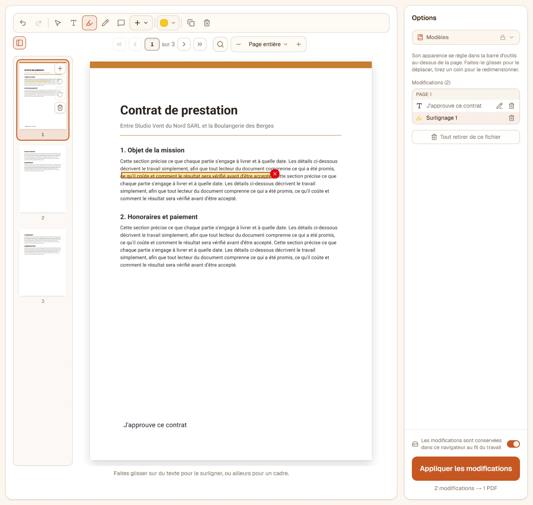 Une ligne du contrat surlignée en jaune et une zone de texte indiquant J'approuve ce contrat en bas de la page ; le panneau liste les deux modifications