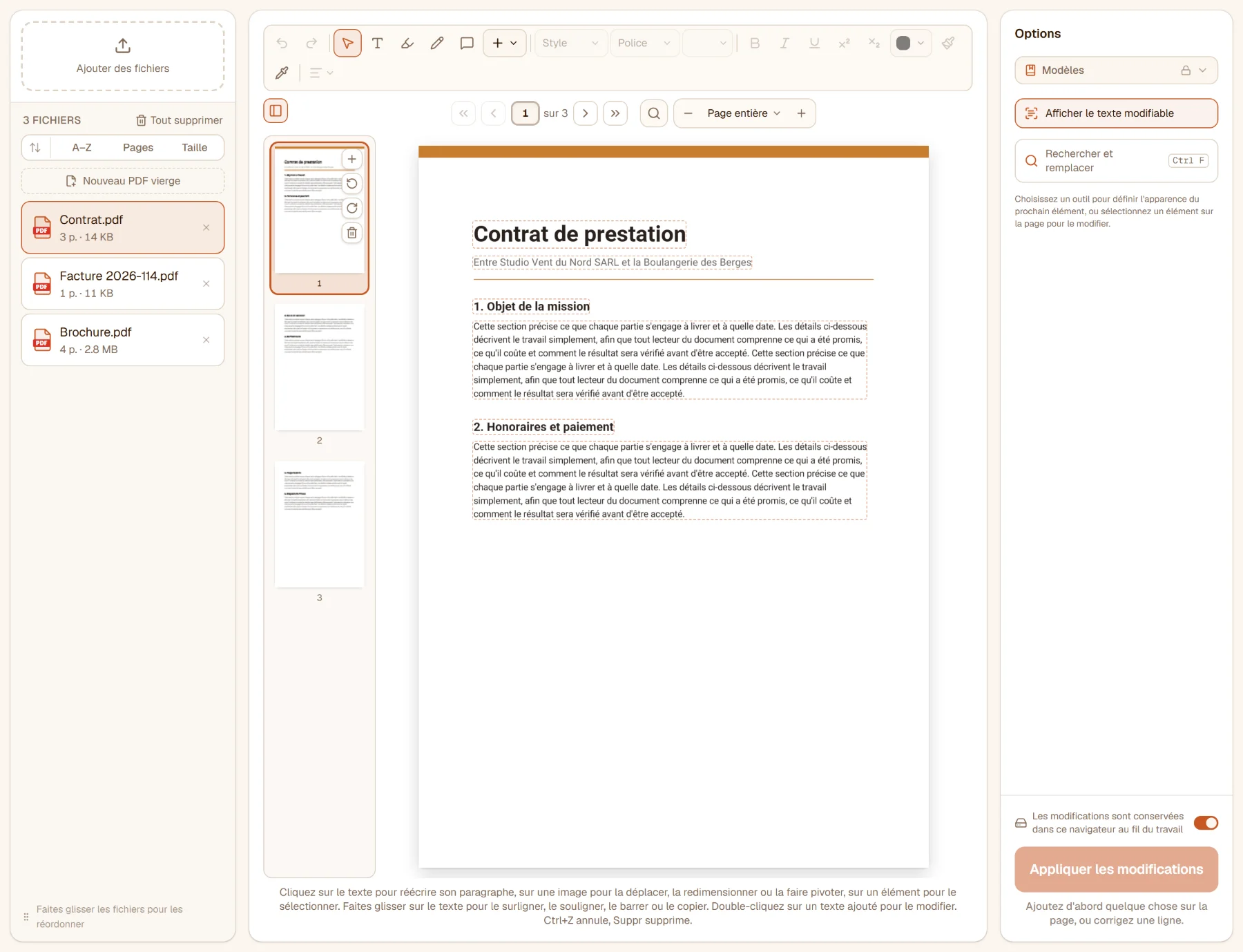Modifier un PDF avec trois fichiers dans la liste : le contrat ouvert dans l'éditeur, la barre d'outils au-dessus de la page, les miniatures à côté, les contours en pointillés qui signalent le texte modifiable