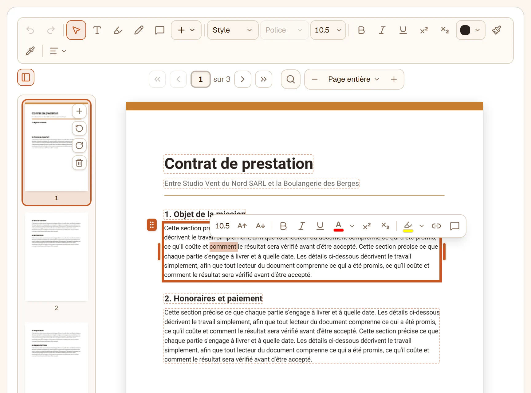 Un paragraphe du contrat ouvert pour être réécrit, un mot sélectionné, la barre flottante au-dessus avec taille, gras, italique, souligné, couleur, exposant, indice, surligneur, lien et commentaire