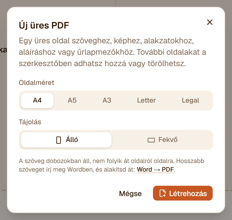 Az Új üres PDF ablak: oldalméret A4, A5, A3, Letter vagy Legal, álló vagy fekvő tájolás
