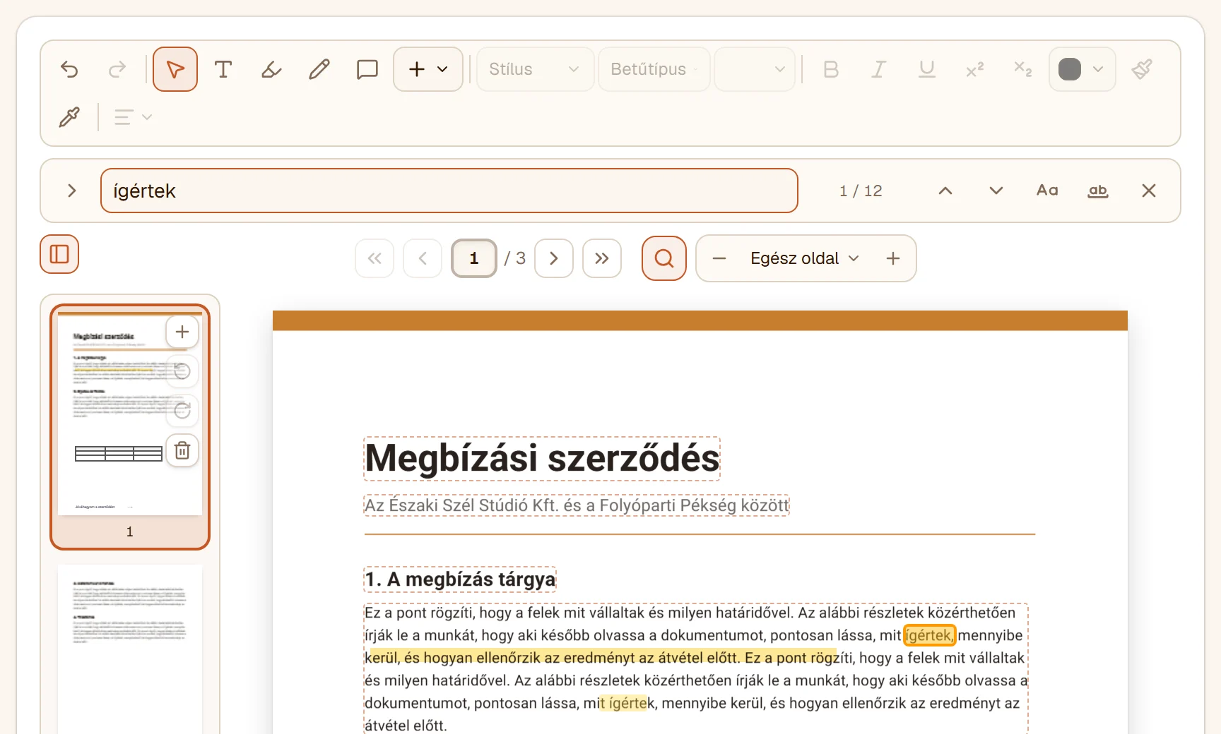 A keresősáv az ígértek szóval: 1 / 12, a találatok megjelölve az oldalon