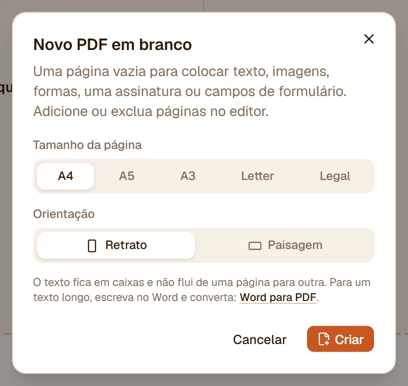 A janela Novo PDF em branco: tamanho da página A4, A5, A3, Letter ou Legal, retrato ou paisagem