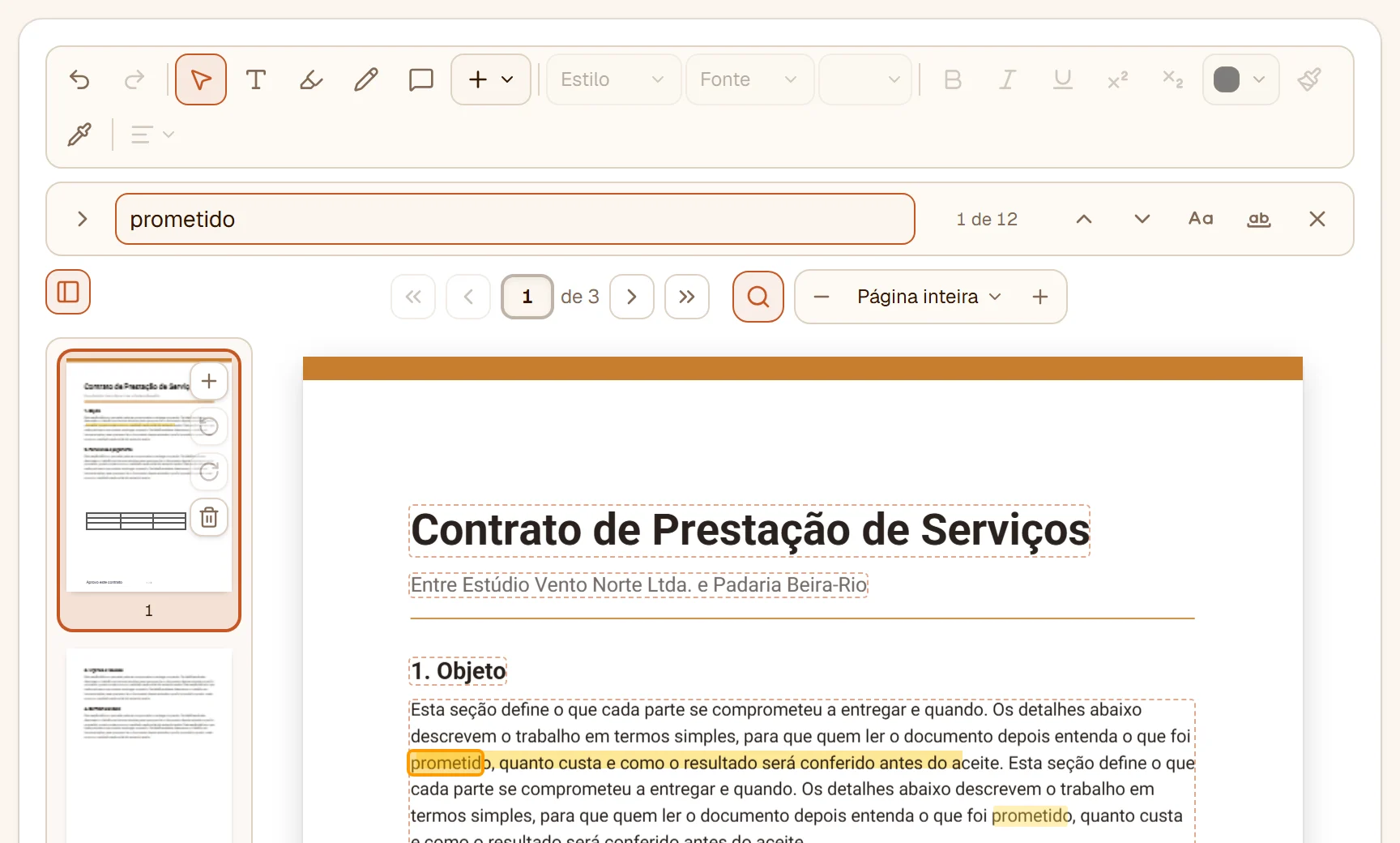A barra de busca com a palavra prometido: 1 de 12, as ocorrências marcadas na página