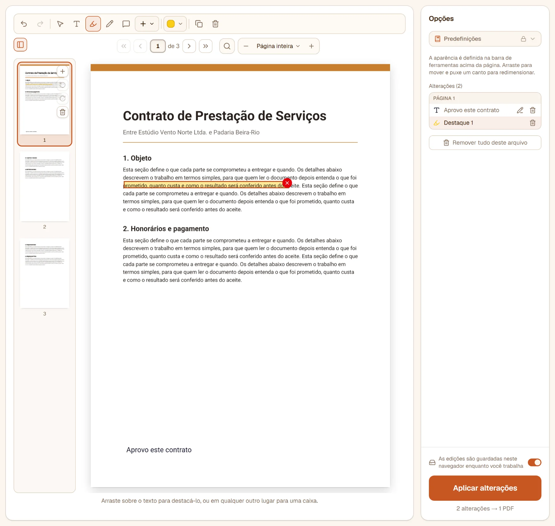 Uma linha do contrato destacada em amarelo e uma caixa de texto com Aprovo este contrato no pé da página; o painel lista as duas alterações
