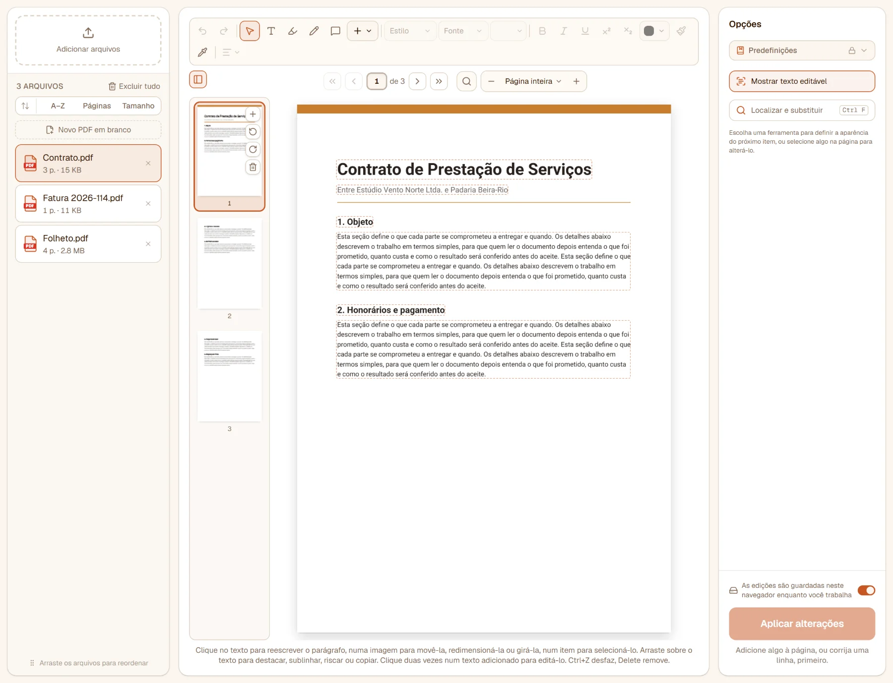 Editar PDF com três arquivos na lista: o contrato aberto no editor, a barra de ferramentas sobre a página, as miniaturas ao lado, os contornos tracejados marcando o texto editável