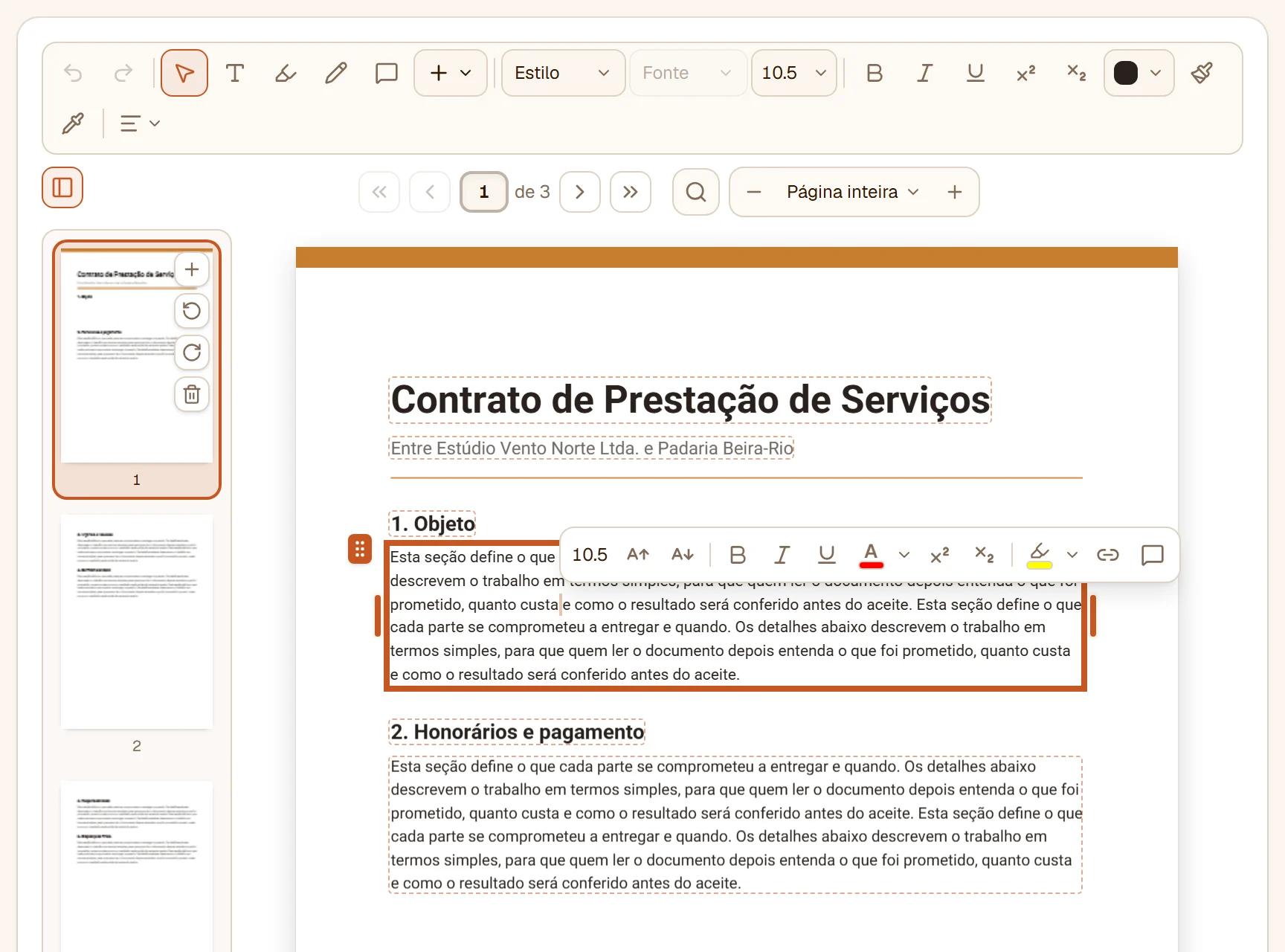 Um parágrafo do contrato aberto para reescrever, uma palavra selecionada, a barra flutuante acima dela com tamanho, negrito, itálico, sublinhado, cor, sobrescrito, subscrito, marca-texto, link e comentário