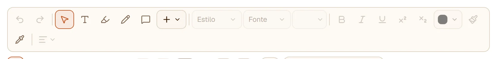 A barra de ferramentas: desfazer, refazer, Selecionar, Texto, Destacar, Desenhar, Comentário, Inserir, depois Estilo, Fonte, tamanho, negrito, itálico, sublinhado, sobrescrito, subscrito, cor, pincel de formatação, conta-gotas e alinhamento