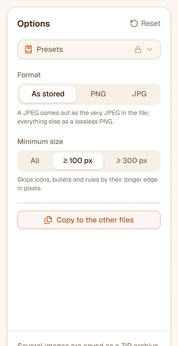 The rail: Format set to As stored, Minimum size at 100 px