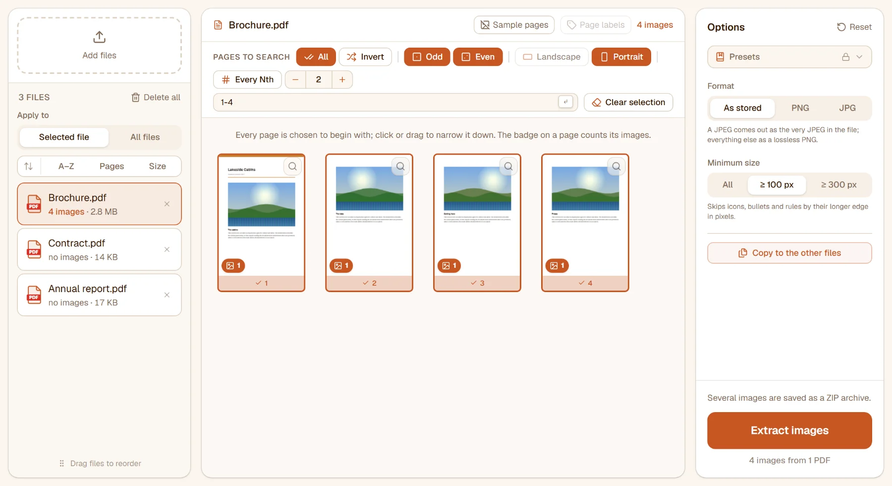 Extract Images with three files: the brochure holds 4 images, one badge on each page; the contract and the report have none
