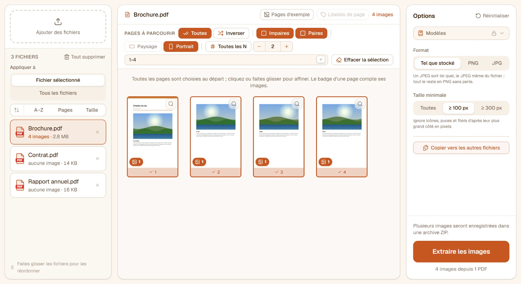 Extraire les images avec trois fichiers : la brochure contient 4 images, un badge sur chaque page ; le contrat et le rapport n'en ont aucune