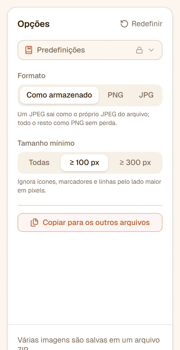 O painel: Formato em Como armazenado, Tamanho mínimo em 100 px