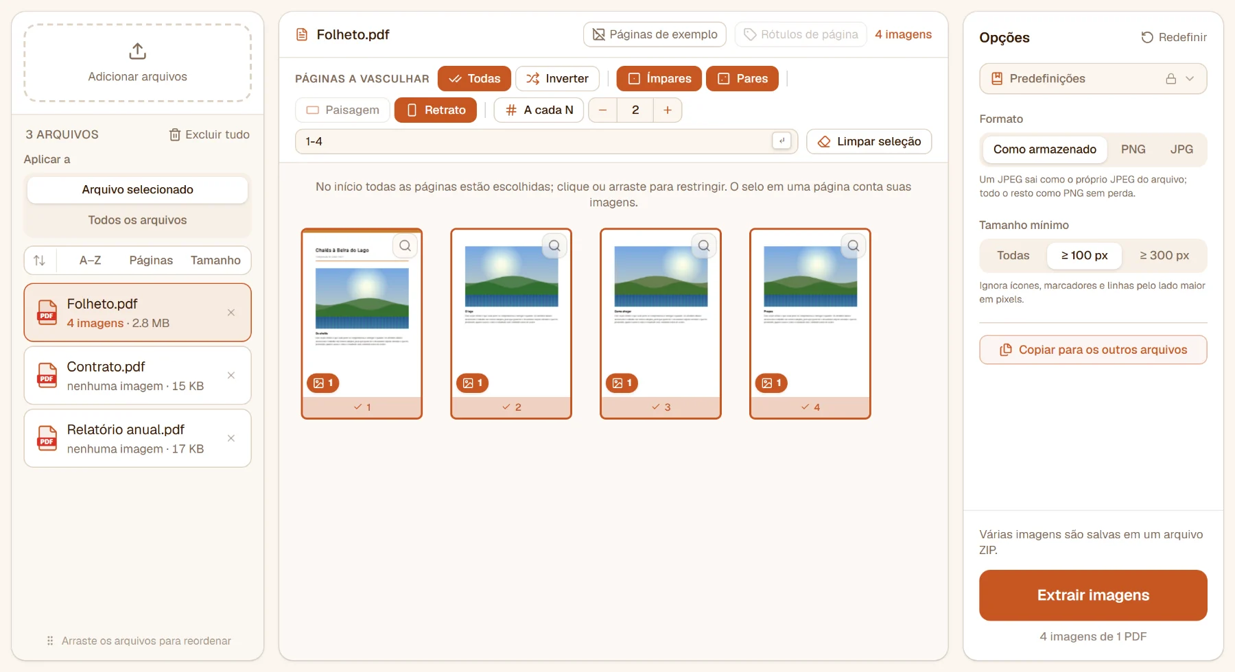 Extrair imagens do PDF com três arquivos: o folheto tem 4 imagens, um selo em cada página; o contrato e o relatório não têm nenhuma