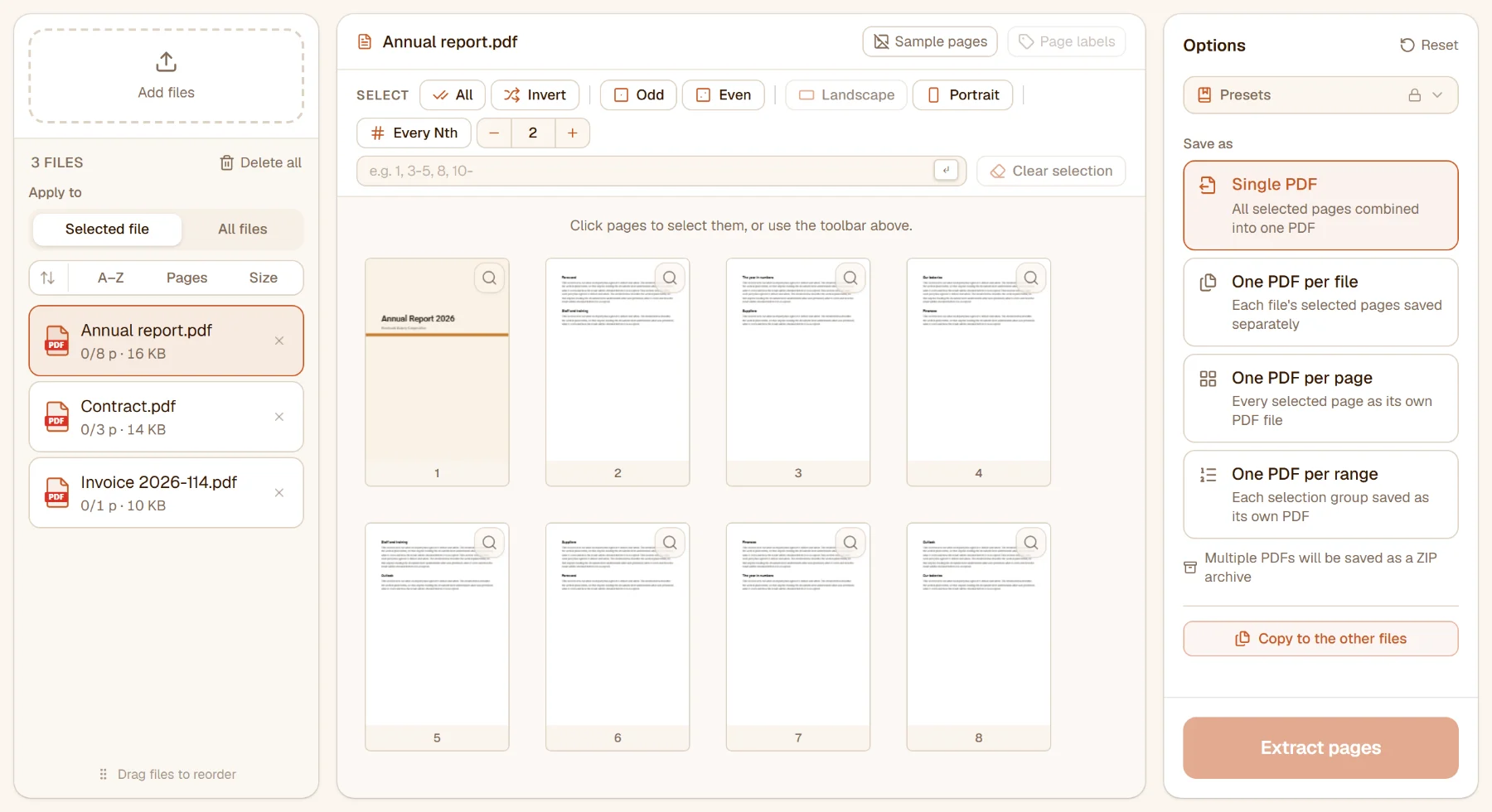 Extract Pages with three files in the list and the selected report's pages in the middle