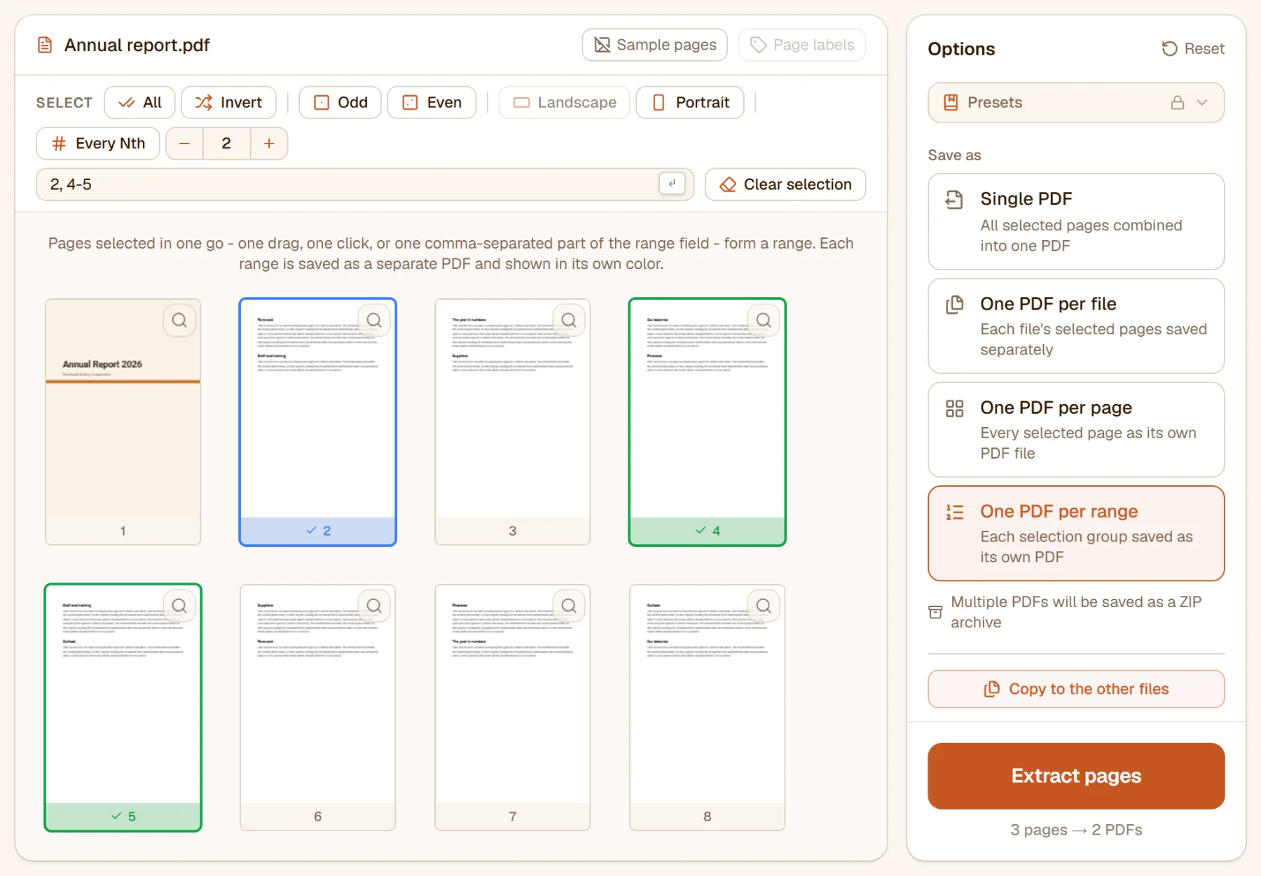 Pages 2 and 4-5 chosen and One PDF per range selected: the rail shows the four save modes