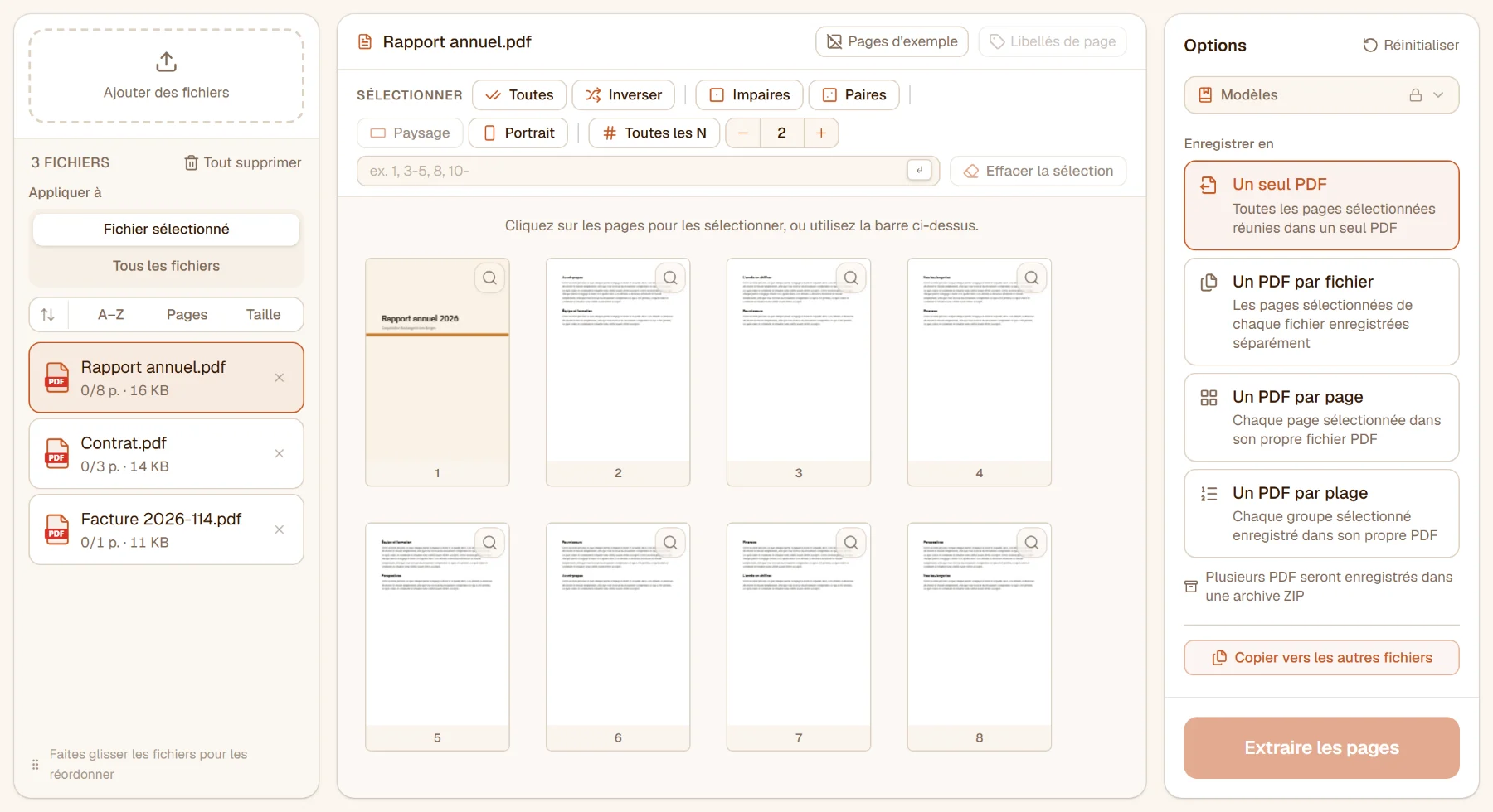 Extraire des pages avec trois fichiers dans la liste et les pages du rapport sélectionné au centre