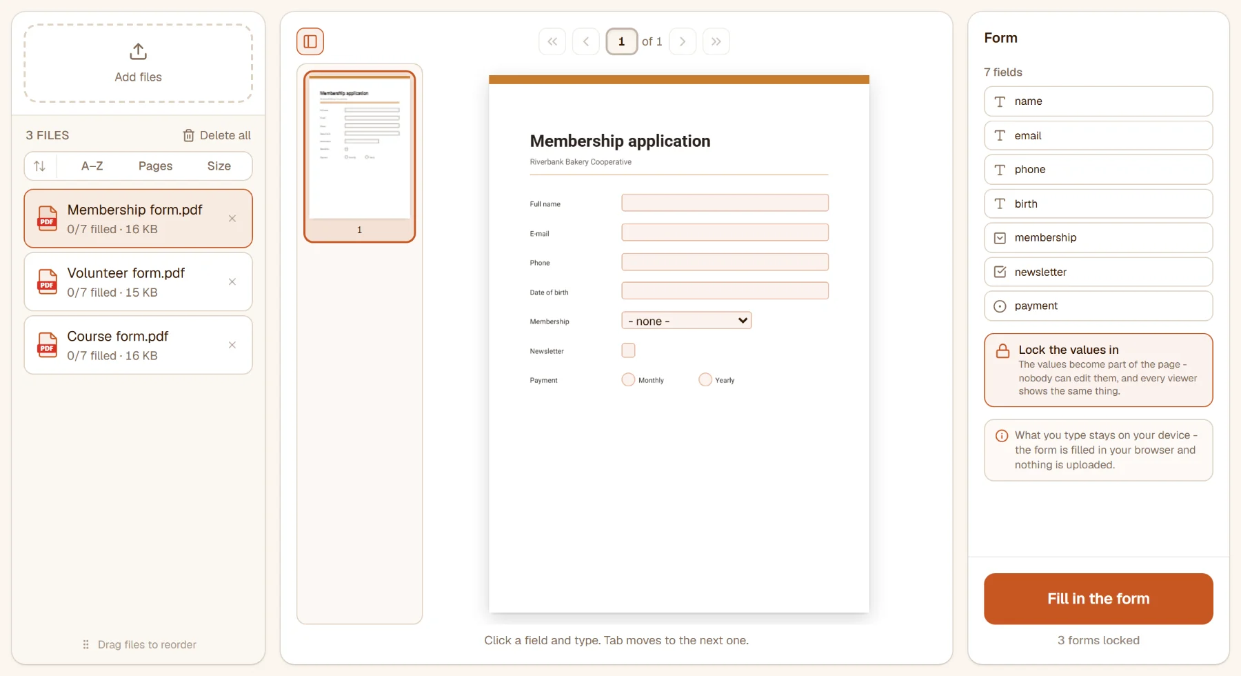 Fill PDF forms with three forms in the list: the membership form open with its empty fields, the seven fields listed in the rail