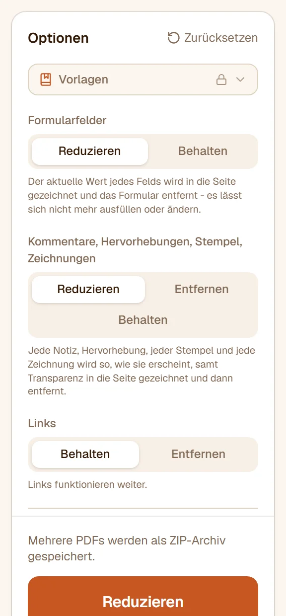 Die drei Auswahlen: Formularfelder auf Reduzieren, Kommentare auf Reduzieren, Links auf Behalten