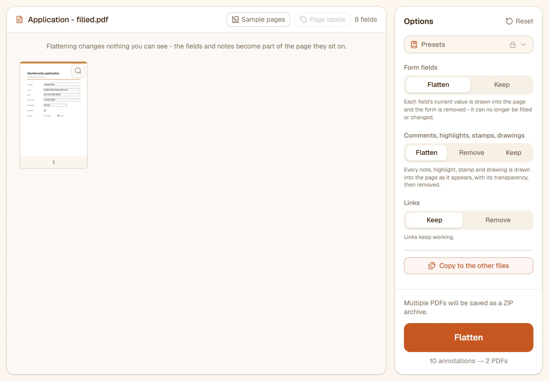 A filled-in membership form selected: 8 fields, its typed values to be drawn into the page
