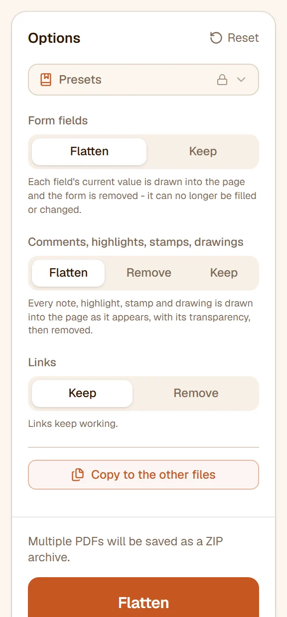 The three choices: Form fields on Flatten, Comments on Flatten, Links on Keep