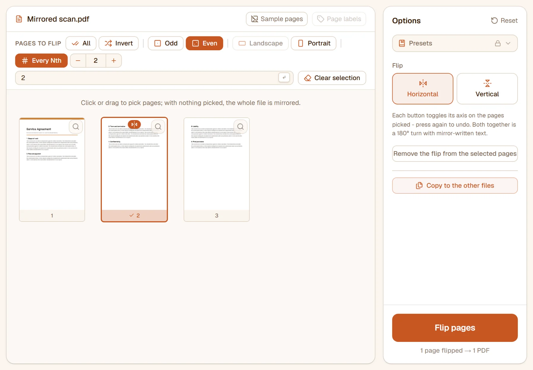 The mirror-written second page chosen and flipped horizontally: it reads normally now, with a flip badge on its thumbnail