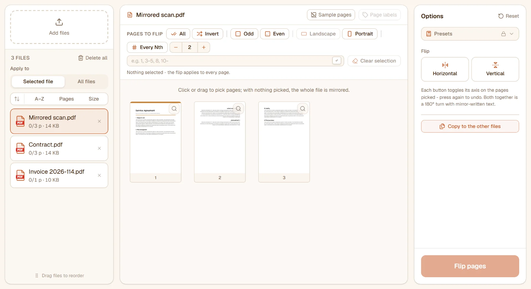 Flip PDF with three files in the list: the second page of the mirrored scan reads backwards