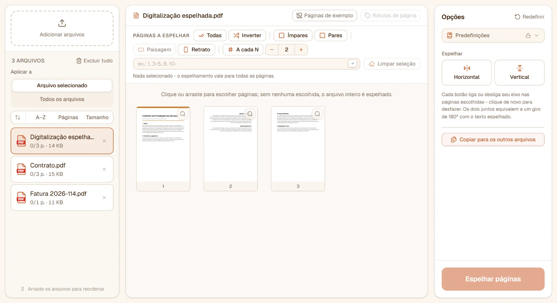 Espelhar PDF com três arquivos na lista: a segunda página da digitalização espelhada está ao contrário
