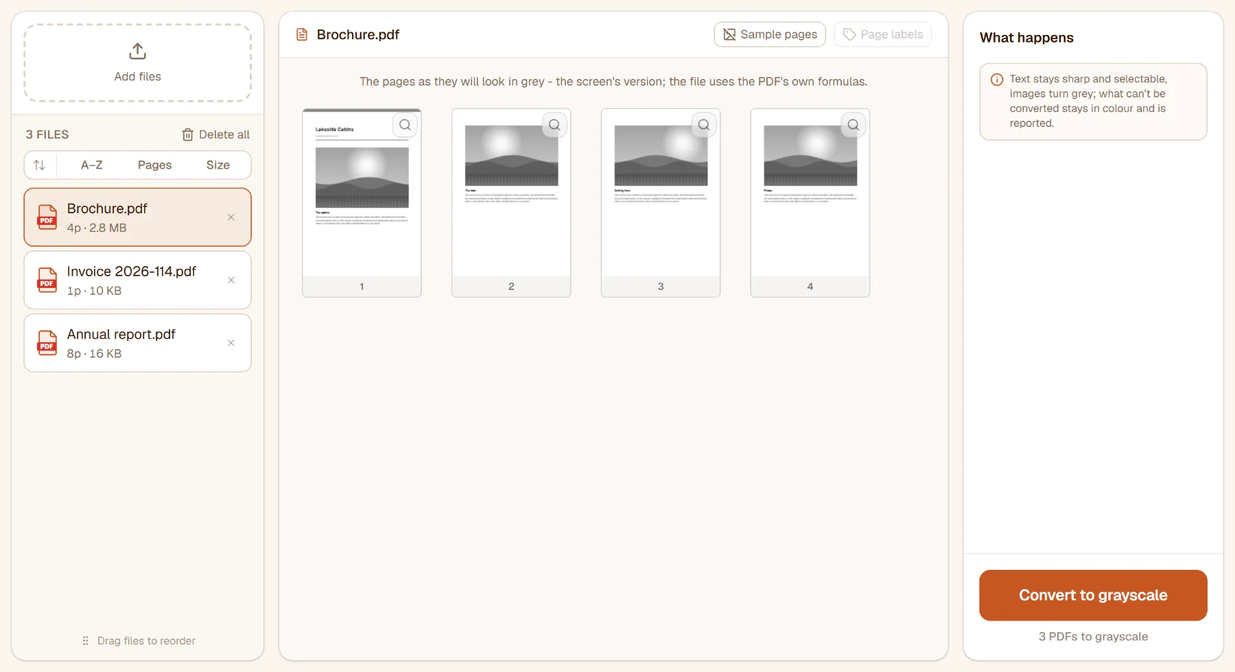 Convert PDF to grayscale with three files in the list: the brochure's photo pages already shown in grey