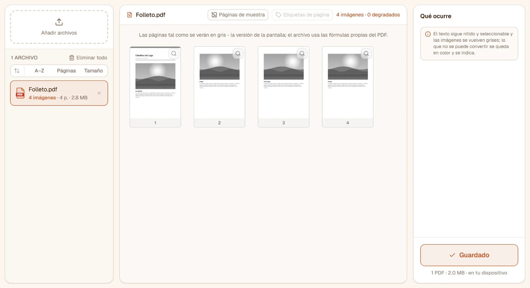 Después de convertir: la lista de archivos muestra 4 imágenes convertidas y el botón dice Guardado